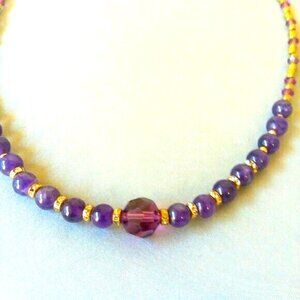 Amethyst Real Stone Beaded Purple Necklace Swarovski Crystal Bead 17 in Jewelry